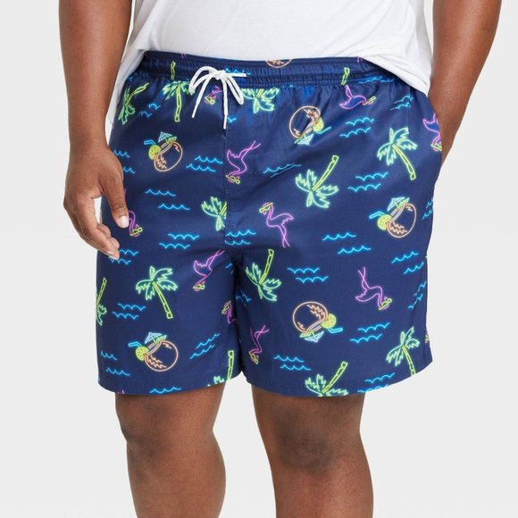 Men's Big & Tall 7" Waterloo Flamingo Swim Shorts Goodfellow & Co Blue 3XL - Picture 1 of 10